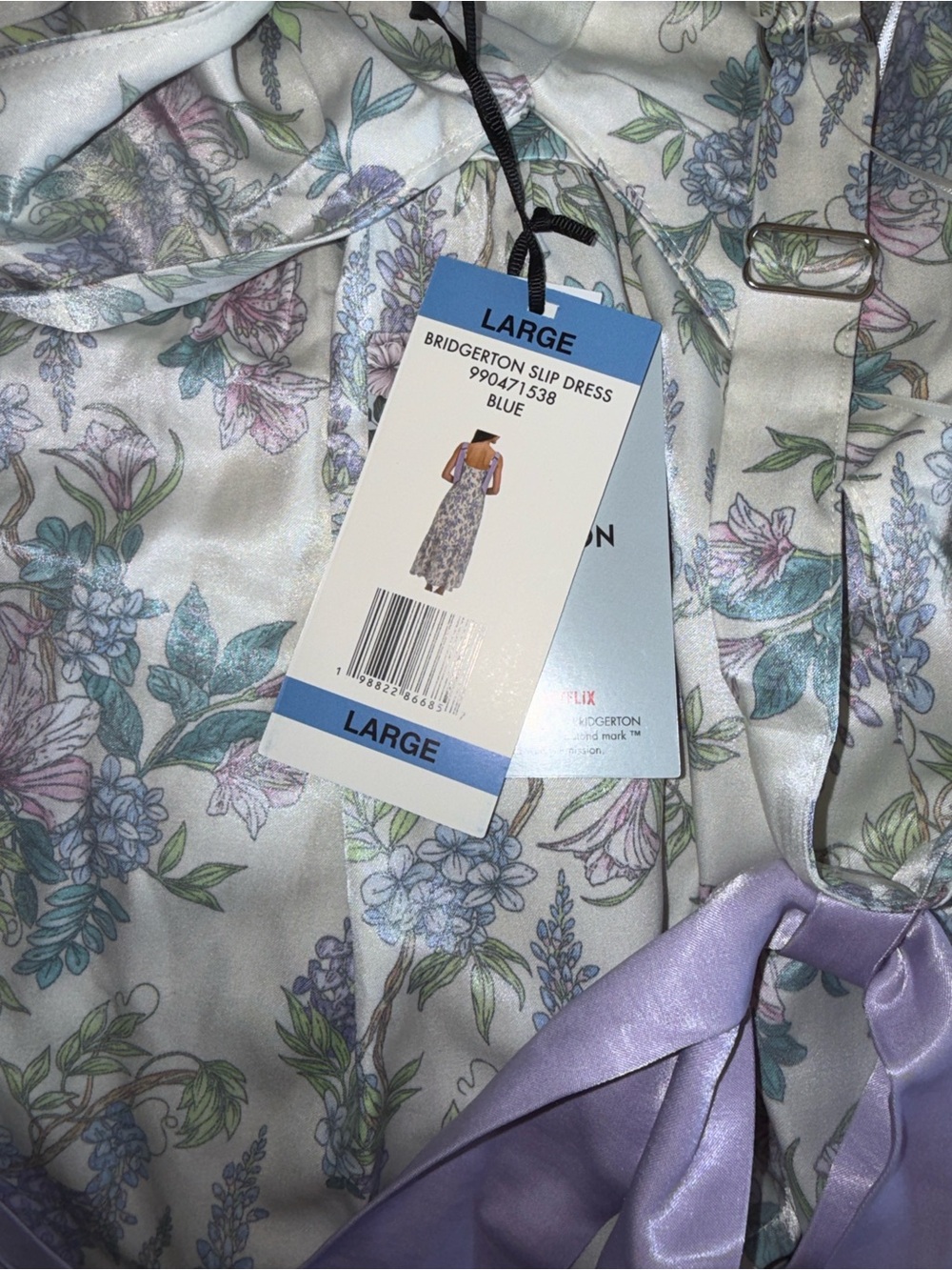 NWT Bridgerton Bow Strap Slip Maxi Dress Blue purple Floral Cottagecore Large - Picture 6 of 6